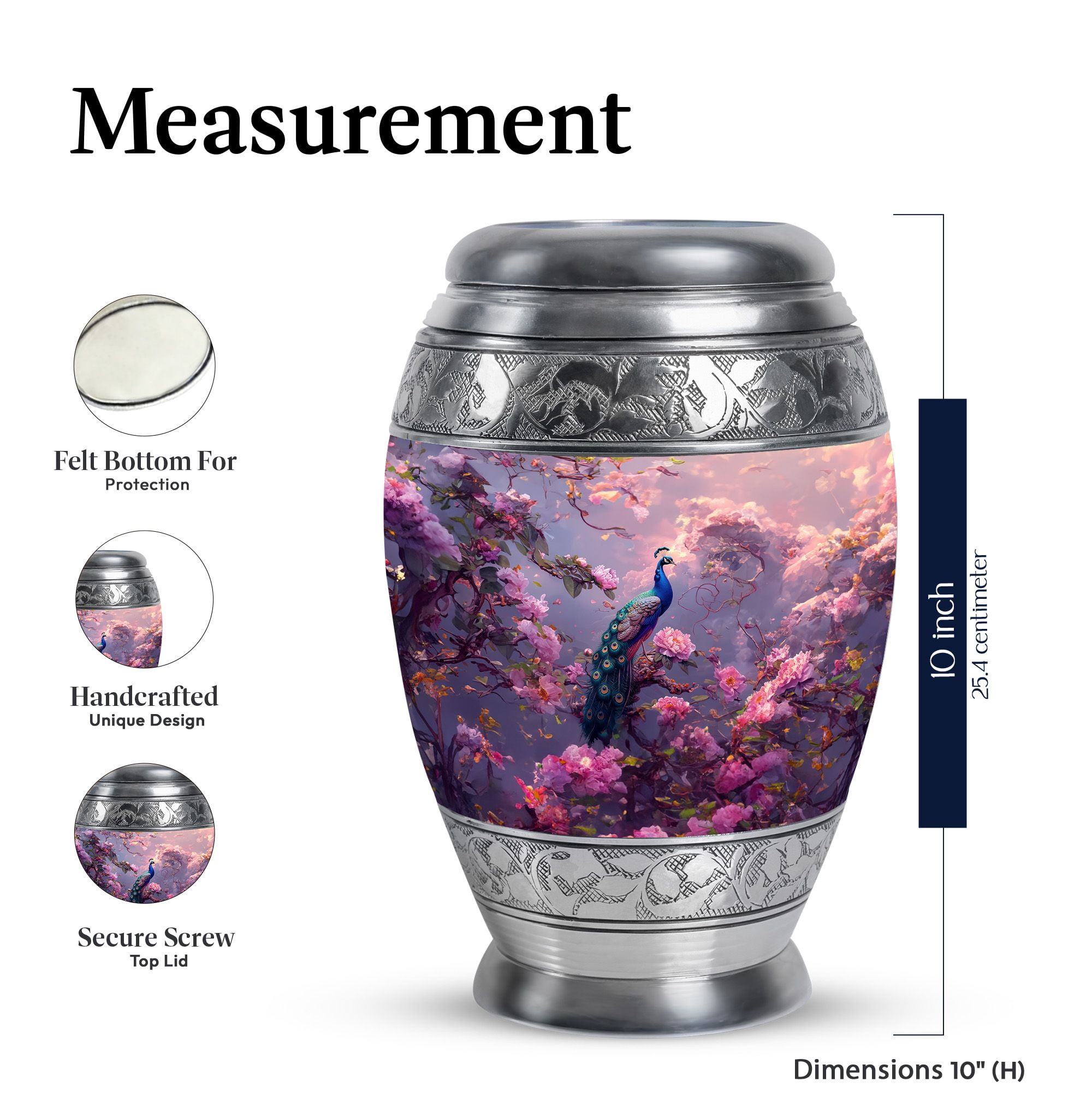 KARYLIZ Peacock Riders Urn - 10 Inch - Peacock in Cherry Blossom Garden Decorative Urns For Ashes For Women - Urn For Ashes Adult Male - Memorial Urns, Burial Funeral for Cremation of Mom & Dad