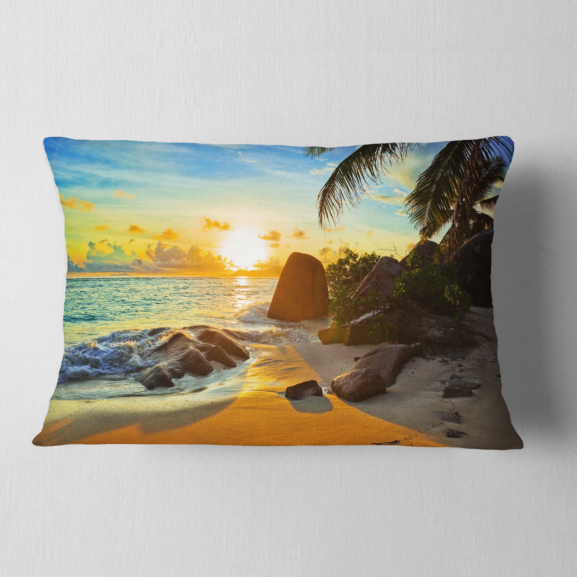 Designart Sunset in Tropical Beach - Landscape Photography Throw Pillow - 12x20