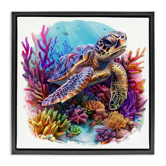 Stupell Industries Turtle & Purple Coral Animals Painting Black Floater Framed Canvas Art Print Wall Art, 18 x 18