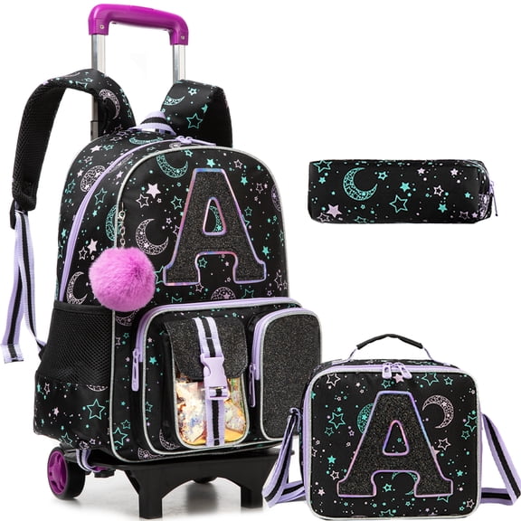 Black Kids Rolling Backpack for Girls Cute Roller Backpacks for School Wheeled Bookbag with Wheels with Lunch Box Pencil Case for Pupil Ages 6-12