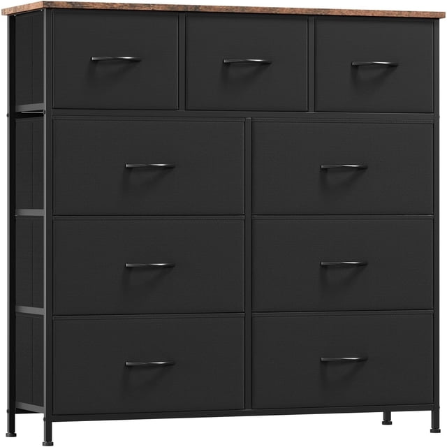 Commode à 9 Tiroirs, Tour de Rangement en Tissu Noir de 65 Pouces de Hauteur avec Cadre en Métal, Unité d'Organisation pour Chambre, Salon, Garde-Robe