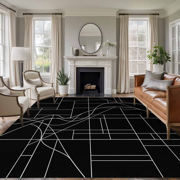 Black Striped Geometric Area Rugs 6'x9', Washable Small Throw Rugs for Kitchen Dining room, Modern Abstract Art Stripes Indoor Outdoor Rug Non-Slip Low Pile Carpet Runner Reversible Floor Mats