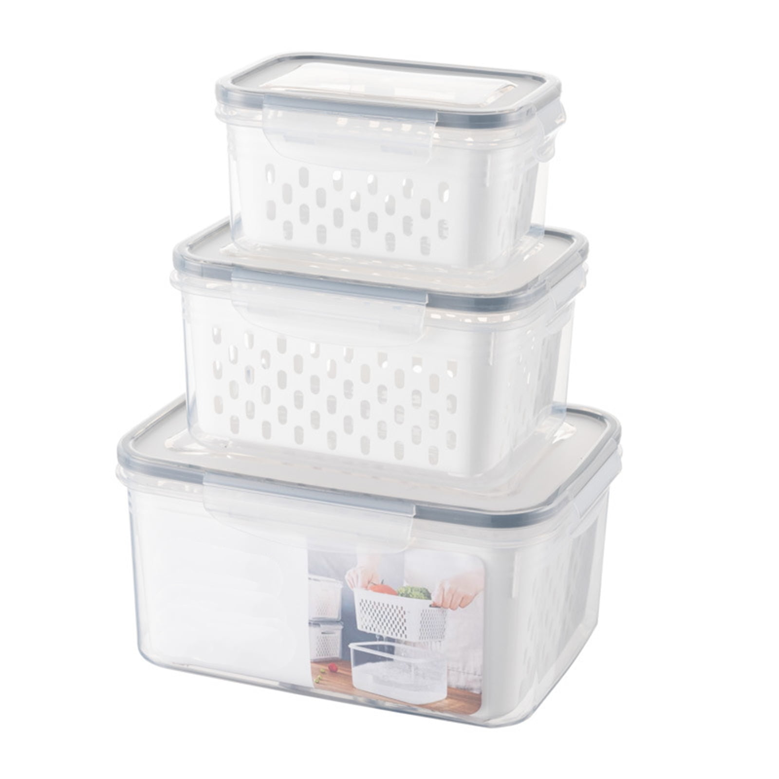 3 Packs Fruit Storage Containers with Airtight Lid & Removable Colander, Fresh Produce Save Fruit Vegetable Container Fridge Organizers for Salad Mix Lettuce Berry Meat Food, Fruit Veggie Baskets
