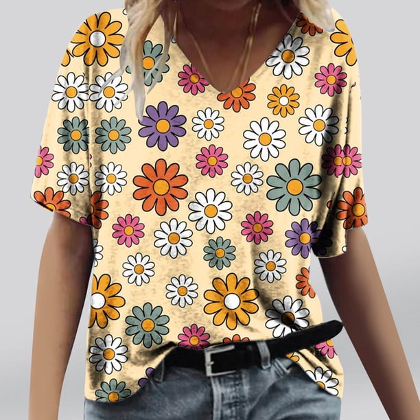 Fiudx Ofertas Flash Del Día Solo En Línea Camisetas Holgadas de Manga Corta con Cuello En V Informales con Estampado de Moda para Mujer