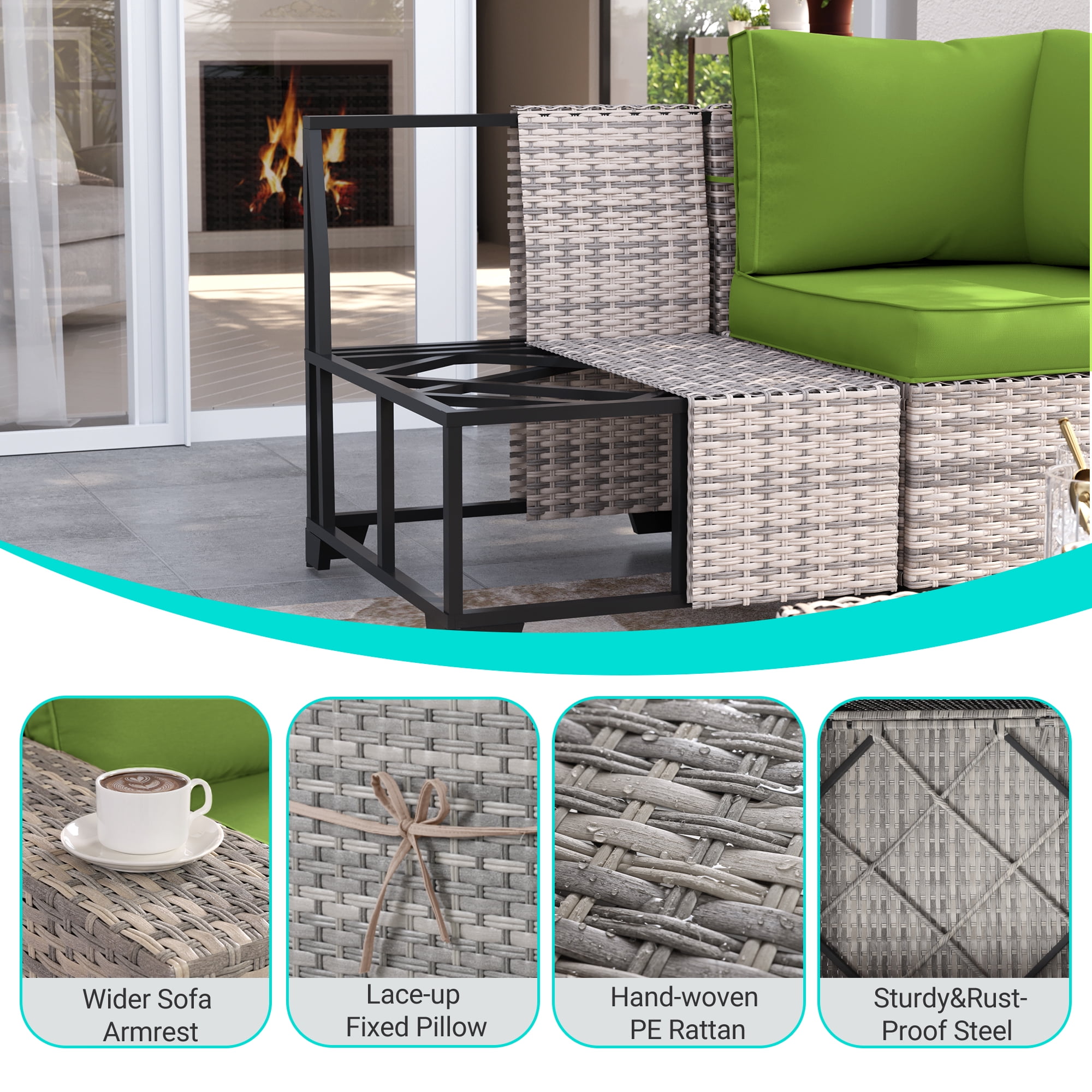 6-Piece Outdoor Patio Furniture Set, PE Wicker Rattan Sectional Sofa Conversation Set with Tempered Glass Table & Thick Cushions - All-Weather Garden, Backyard Furniture,Grass Green