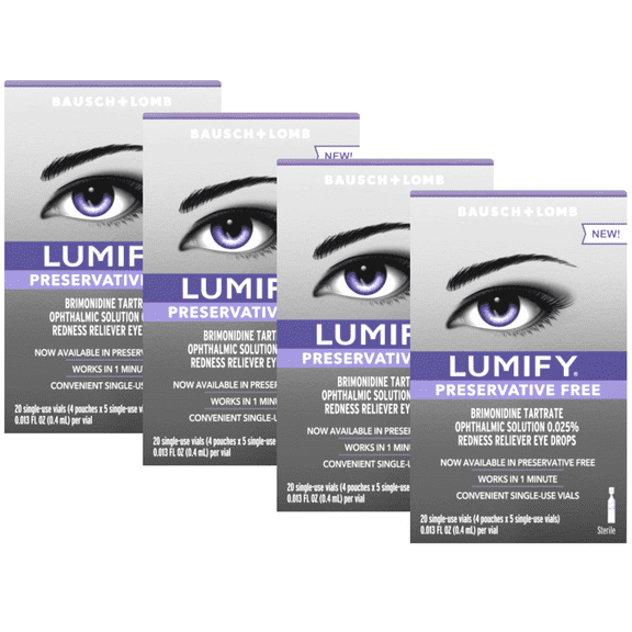 4 Pack - LUMIFY Redness Reliever Preservative Free Fast Acting Eye Drops, 20 Single Use Vials