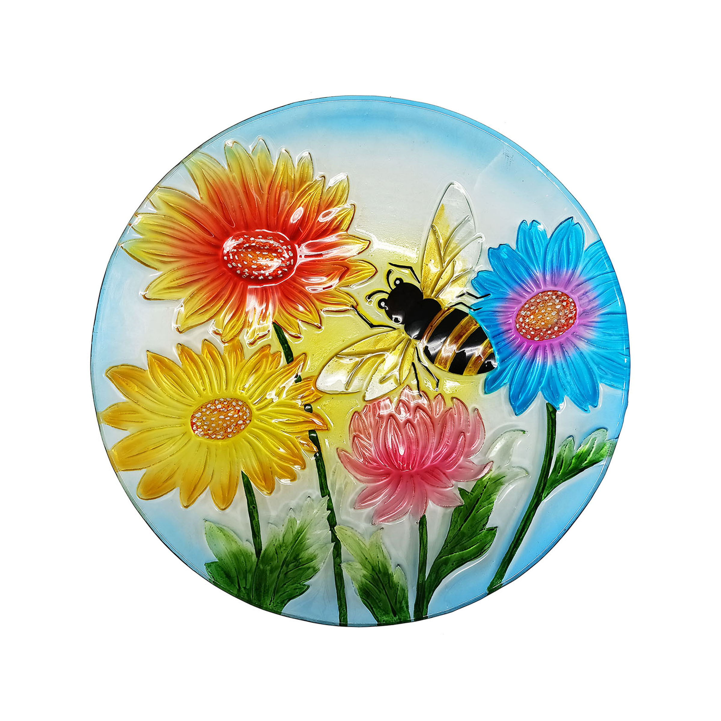 Alpine Corporation 18" Glass Birdbath w/ Flowers & Bee w/ Metal Stand