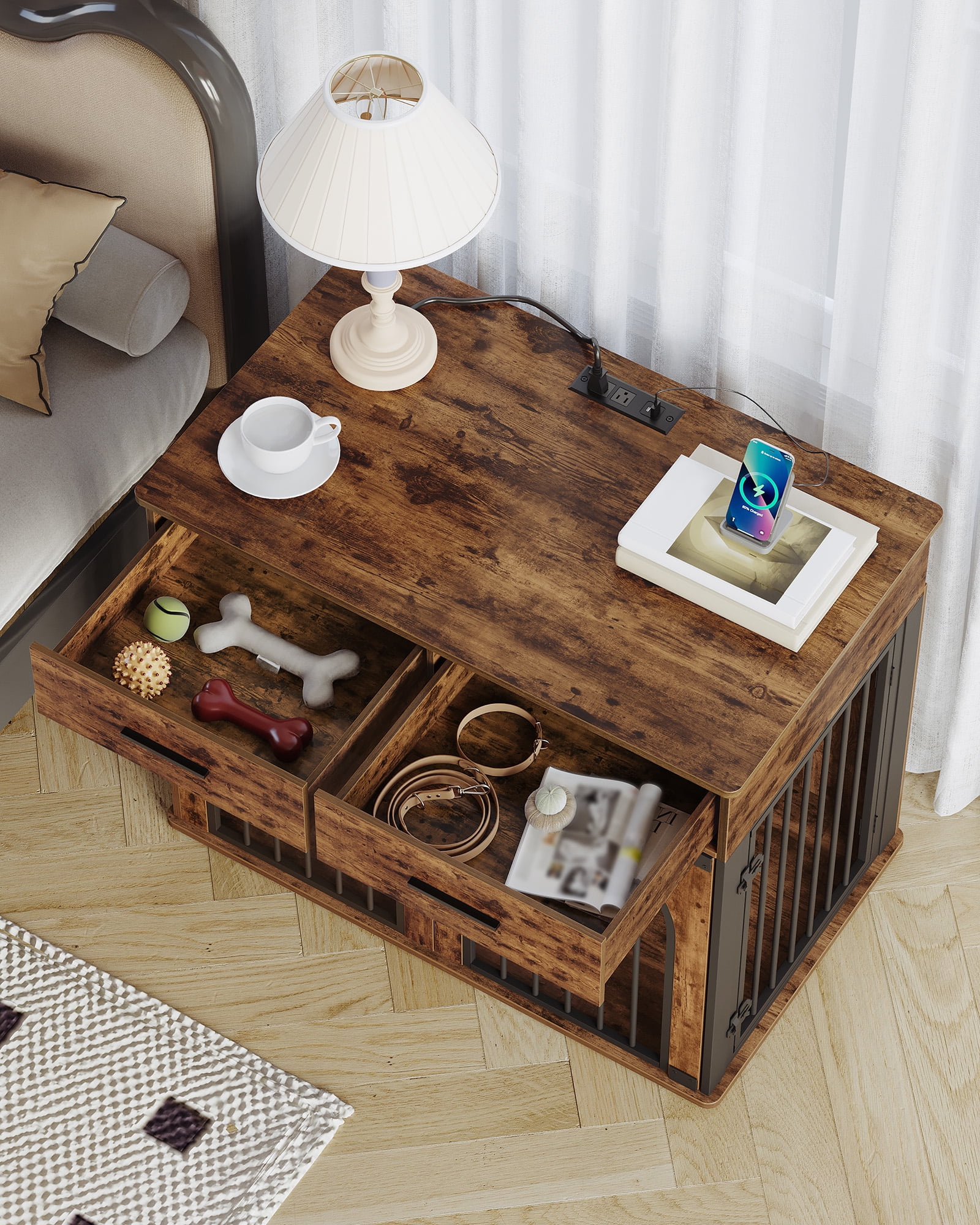 39.4"Wooden Dog Crate Furniture with 2 Drawers, Charging Station,for Medium/Large Dogs,Rustic Brown