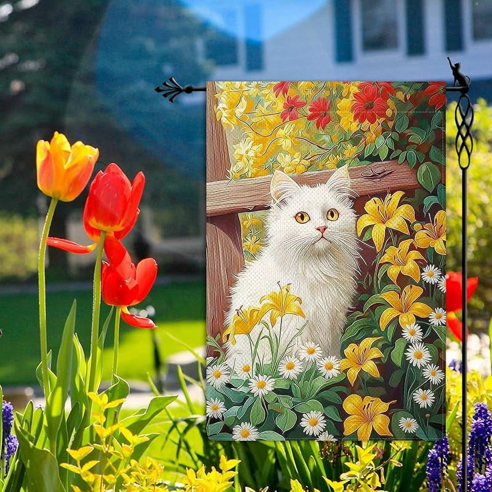 Spring Cute White Cat Garden Flag Spring Summer Floral Flowers Garden Flag Vertical Double Sided Rustic Farmland Burlap Yard Lawn Outdoor Decor