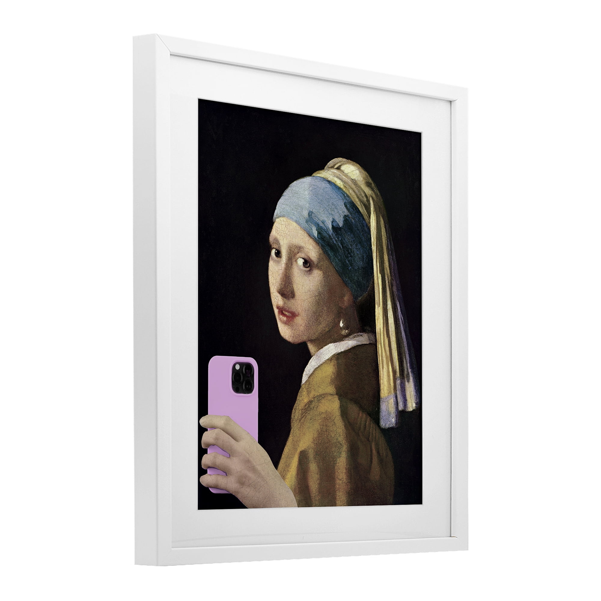 Girl With Pink Phone Funny White Framed Print Under Glass, design by Masters Redux