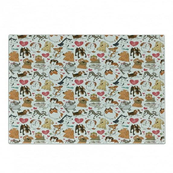 Dog Lover Cutting Board, Cartoon Canines Bullterrier Doberman Husky Spaniel Love Theme Funny Characters, Decorative Tempered Glass Cutting and Serving Board, Small Size, Multicolor, by Ambesonne