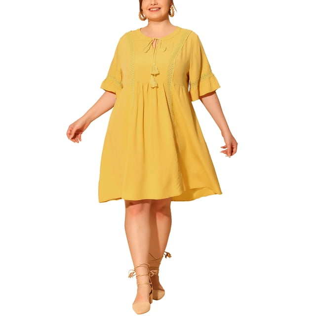 Vestido midi bohemio con mangas de volantes y encaje de Agnes Orinda para mujeres de talla grande 2X Amarillo