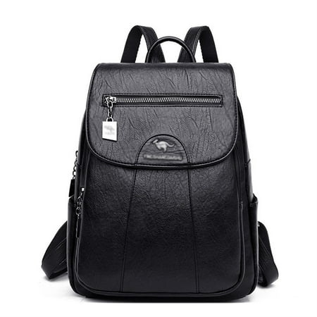 Retro PU Leather Women Backpacks Backpack Large Capacity School Bag for Girls Lady Travel Backpack-Black