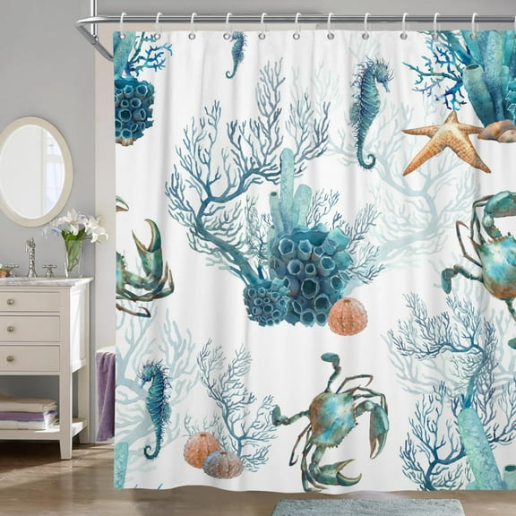Pbobriich Starfish Seashell Theme Shower Curtain , Blue Nautical Coastal Ocean Bath Curtain,72''x72''