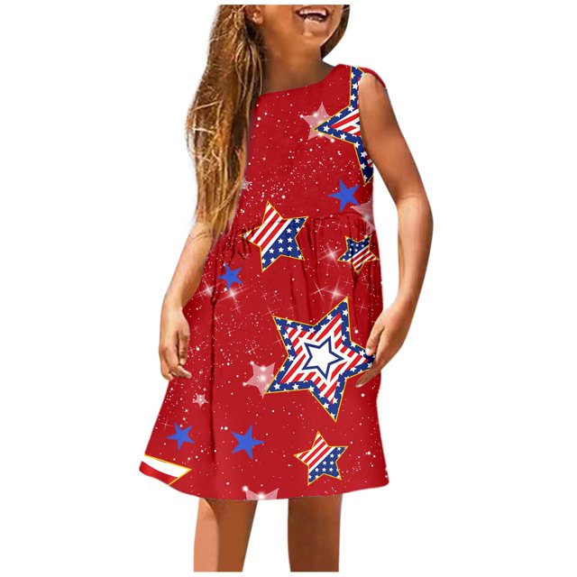 TJAZFJPA Robes Junior pour Adolescentes Robe Sans Manches du 4 Juillet pour Fille Mignonne Imprimé Drapeau Patriotique Ligne Élastique Confortable Robe d'Été Décontractée pour Jouer pour Tout-Petits Enfants Robe pour Fille Tout-Petit