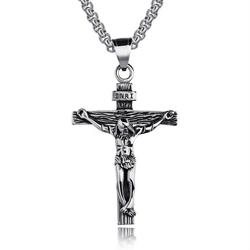 Collier Croix en Acier Inoxydable Croix Crucifix de Jésus-Christ Pendentif de Prière du Seigneur pour Hommes et Femmes-Or