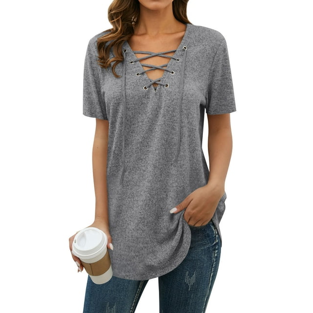 MY Women Solid Color Short Sleeve Tunics Lace-up V Neck Top