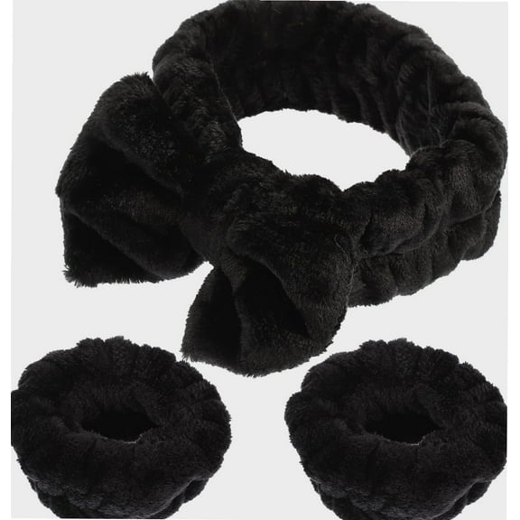 Spa Headband with Wristbands Set Microfiber Face Wash Makeup Bow Headband and 2pcs Wrist Washbands Scrunchies Cuffs to Avoid Liquid from Spilling Down Your Arms Black