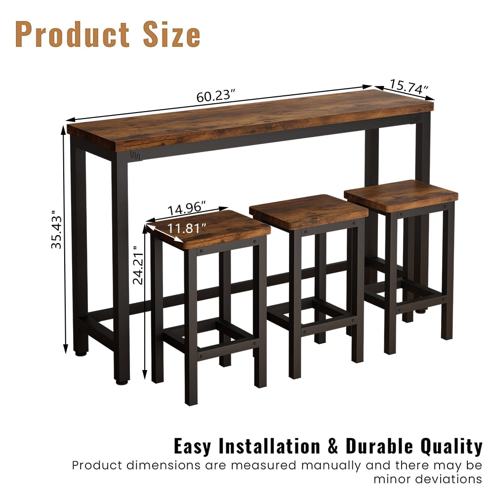4 Piece Bar Table Set, Kitchen Counter Height Table with 3 Stools, Space Saving Pub Table Set for 3 Person with Metal Frame, Wood Dining Table & Chair Set for Breakfast Nook Pub Bistro, B1392