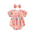thumbnail image 2 of Musuos Newborn Girl Summer Outfit, 0-18Months Short Sleeve Crewneck Flower Print Bodysuit with Bowknot Headband 3PCS Clothes Set, 2 of 9