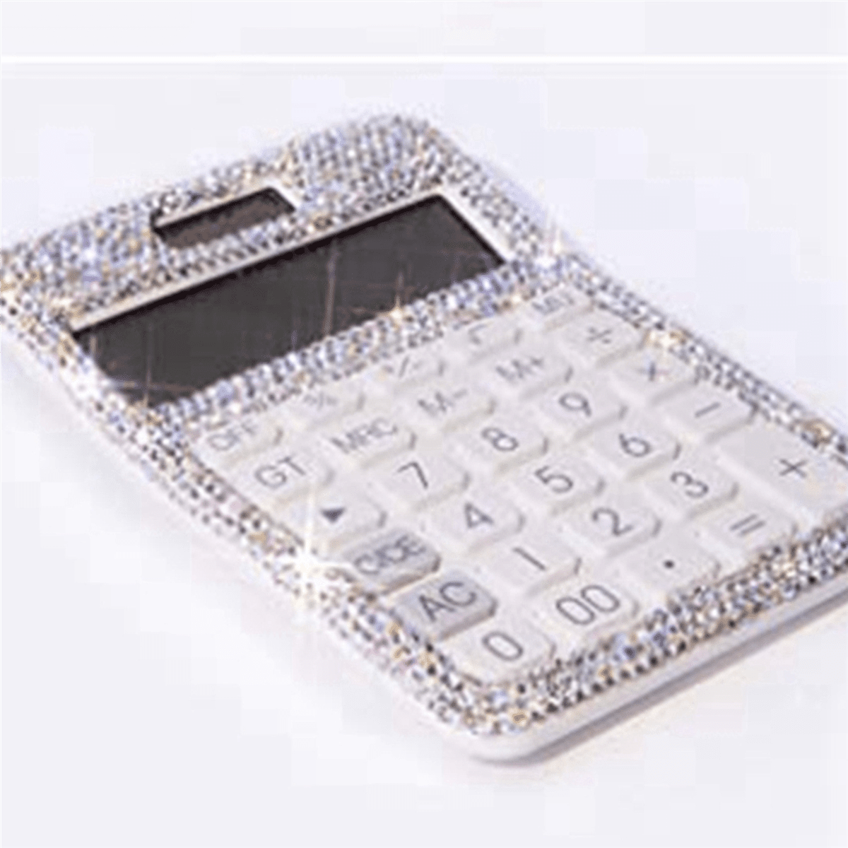 3X Rhinestone Crystal Dazzling 12 Digit Solar and Battery Dual Power ,LCD Display Calculator for Office, School White