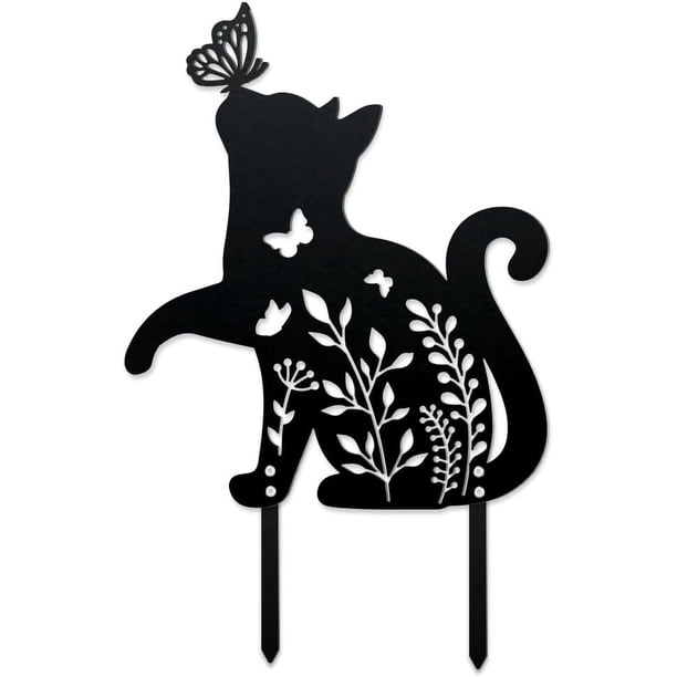 Estacas de metal para jardín con forma de gato y mariposa, decoración de hierro, gato, flor, césped, silueta para exteriores, para patio, jardín, césped, patio, decoración de metal, regalo para