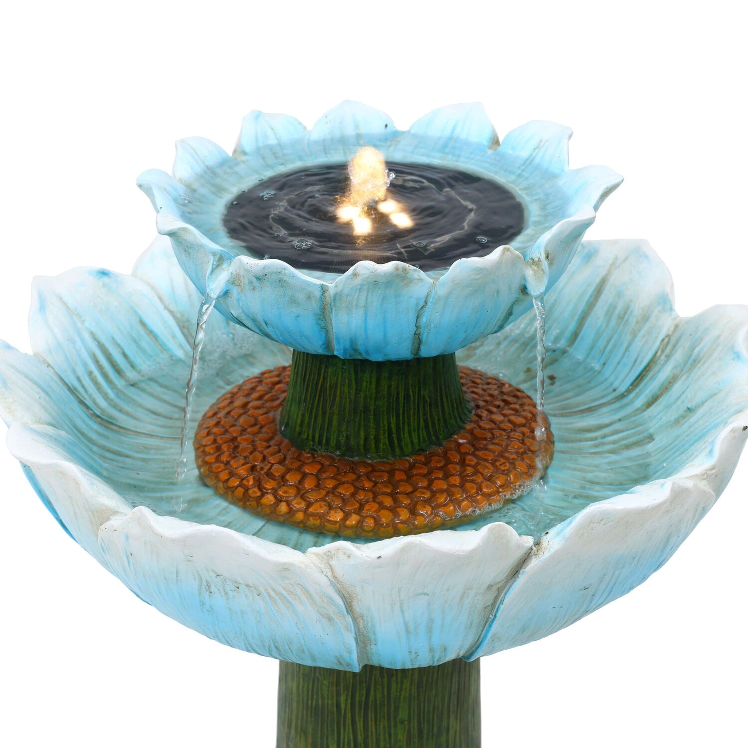 LuxenHome Solar Powered Blue Flower 2-Tier Resin Birdbath Fountain with Lights