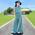 thumbnail image 6 of CPNG Girls Clothes Summer 2 Piece Outfit Set Raw Fringed Denim Sleeveless Vest Top and High Waist Wide Leg Pants Summer Outfits Set(Green,9-10 Years), 6 of 7