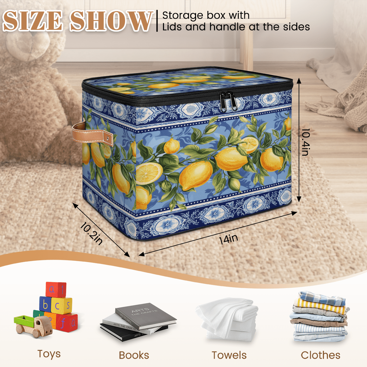 ADECORIVY Blue Lemon Storage Bin with Zipper Lid, Fabric Foldable Shelf Baskets Boxes, Closet Lidded Storage Bins, Decorative Clothes Organizer for Bedroom Home