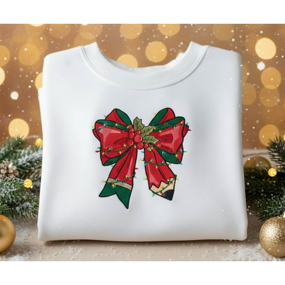 Christmas Bow Embroidered Sweatshirt, Holiday Ribbon Embroidered Sweater with Lights, Cute Festive Xmas Outfit, Cozy Winter Christmas Gift