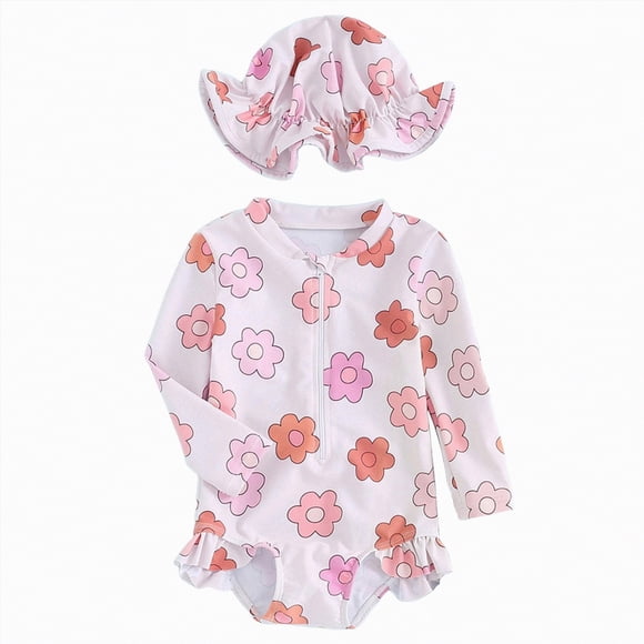 gdxvjhbj Baby Girl Swim Baby Girl Swimsuit Long Sleeve One-Piece Swimwear with Hat Rash Guard Zipper Beach Infant Bathing Suit 12 18 Months (Red,12-18 Months)