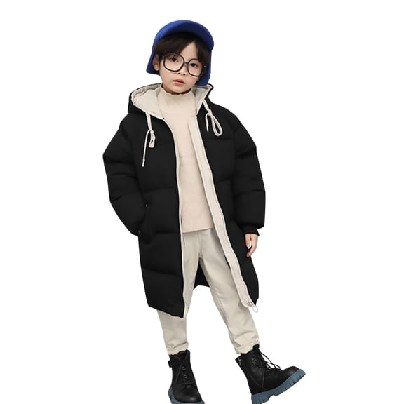 Toddler Boys Girls Long Puffer Jacket Heavyweight Winter Coat Kids Solid Hooded Padded Down Jacket Windproof Outwear