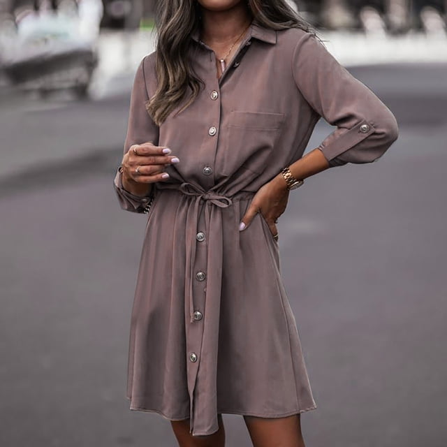 Gspmoly Robes Décontractées pour Femmes, Robe Décontractée de Mode pour Femmes à Revers, Boutonnée, Couleur Unie, à Manches Longues, avec Ceinture, Robe de Cocktail, Offres Hebdomadaires