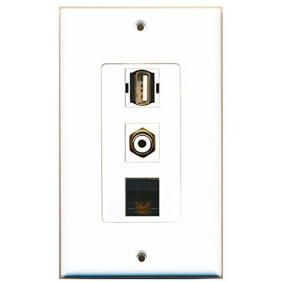 RiteAV - 1 Port RCA White and 1 Port USB A-A and 1 Port Cat6 Ethernet Black Decorative Wall Plate Decorative