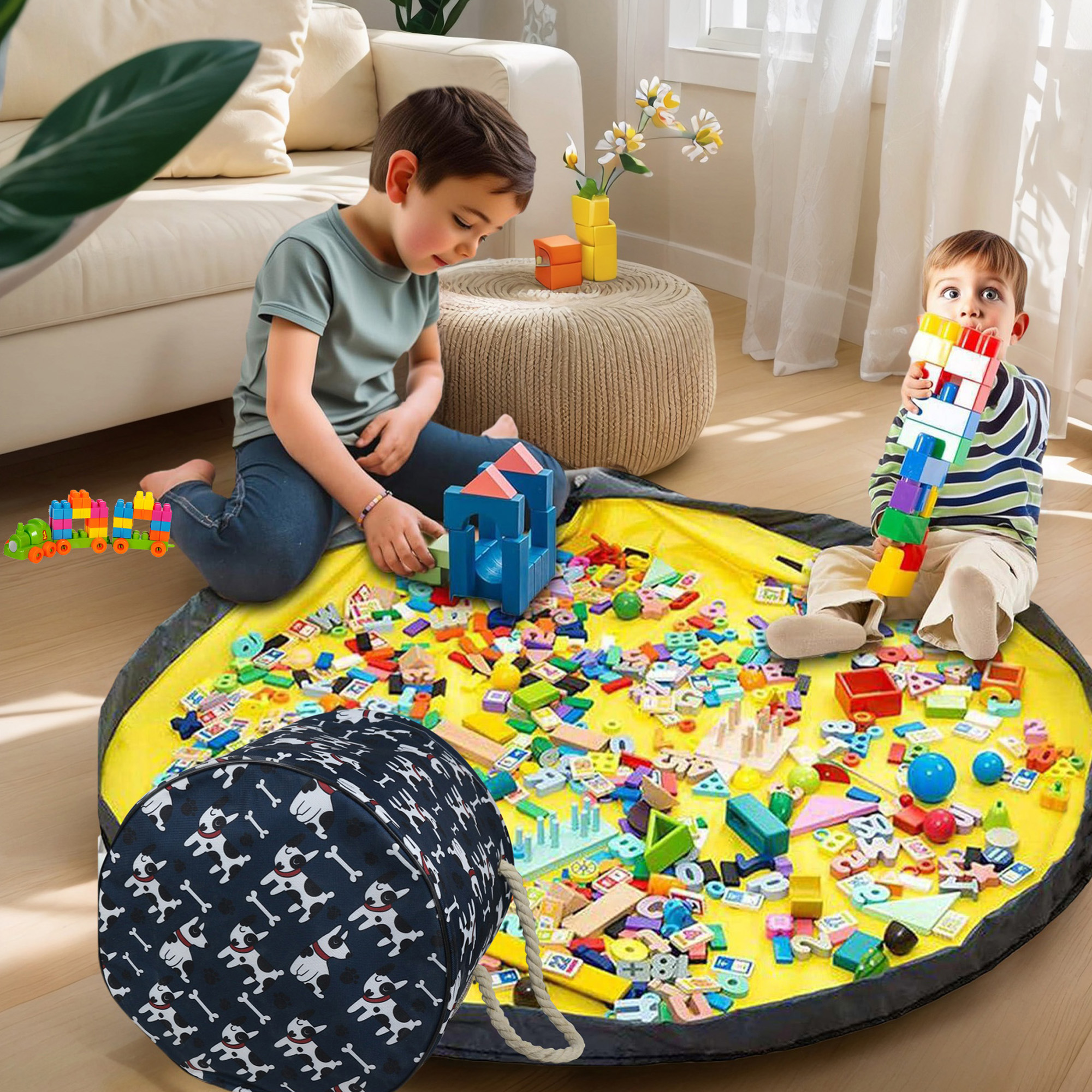 NIETEIN Kids Toy Storage Basket with Play Mat for Building Bricks Collapsible Canvas Organizer Bag (Blue Dog)