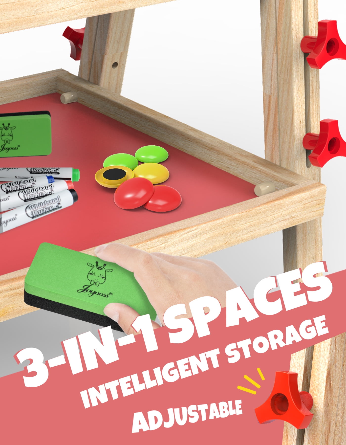 JOYOOSS Easel for Kids Art Easel Kids Easels for Toddlers Easel,Dual-Sided Adjustable Wooden Magnetic Board for Kids 106-RED