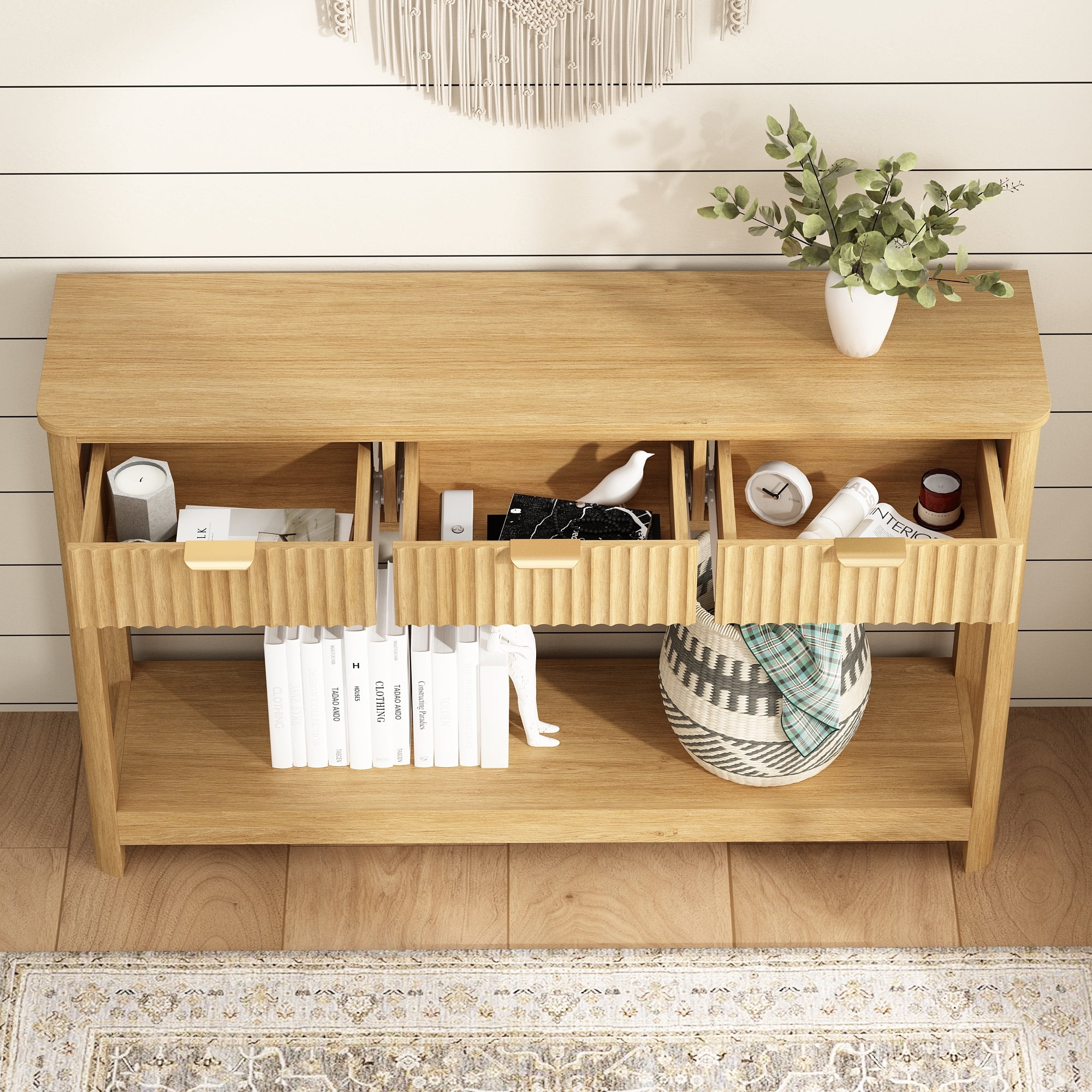 47" Fluted Console Table with 3 Storage Drawers, Narrow Entryway Table, Wood Sofa Couch Table for Living Room Entrance