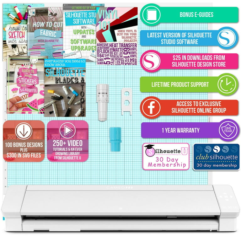  Silhouette Cameo 4 with Bluetooth, 12x12 Cutting Mat,  Autoblade 2, 100 Designs and Silhouette Studio Software - White Edition :  Arts, Crafts & Sewing