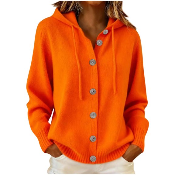 yillto Womens Button down Hooded Cardigan Sweater Knit Long Sleeve Loose Fitting Cardigans with Drawstring
