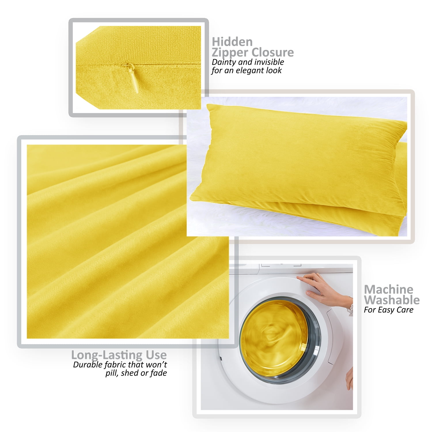 Clara Clark Plush Solid Decorative Microfiber Square Throw Pillow Cover with Throw Pillow Insert for Couch, Yellow, 24"x24"", 4 Piece Decorative Soft Throw Pillow Set