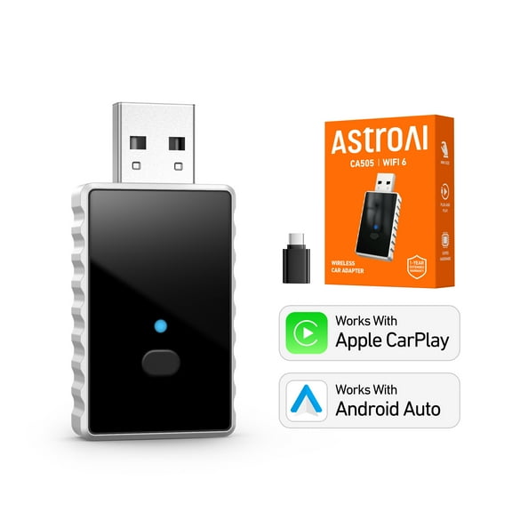AstroAI Wireless Carplay Adapter, 2 in 1 Apple CarPlay and Android Auto Adapter Convert Wired to Wireless, Plug & Play for iOS 10  & Android 11 , with Glass Panel, Metal Materials, Black, for Gift