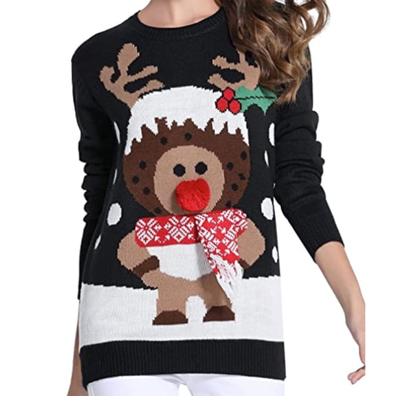 DailyTrove Women's Christmas Reindeer Print Sweater, Long Sleeve, Holiday Party & Casual Wear, Soft Wool Blend, Plus Size Friendly