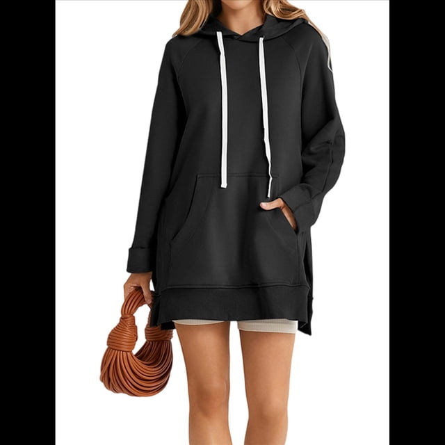 Vestido Informal Extragrande con Capucha, Larga, Dobladillo Dividido y Cordón Ajustable para Mujer con Bolsillo Tipo Canguro. Negro XL