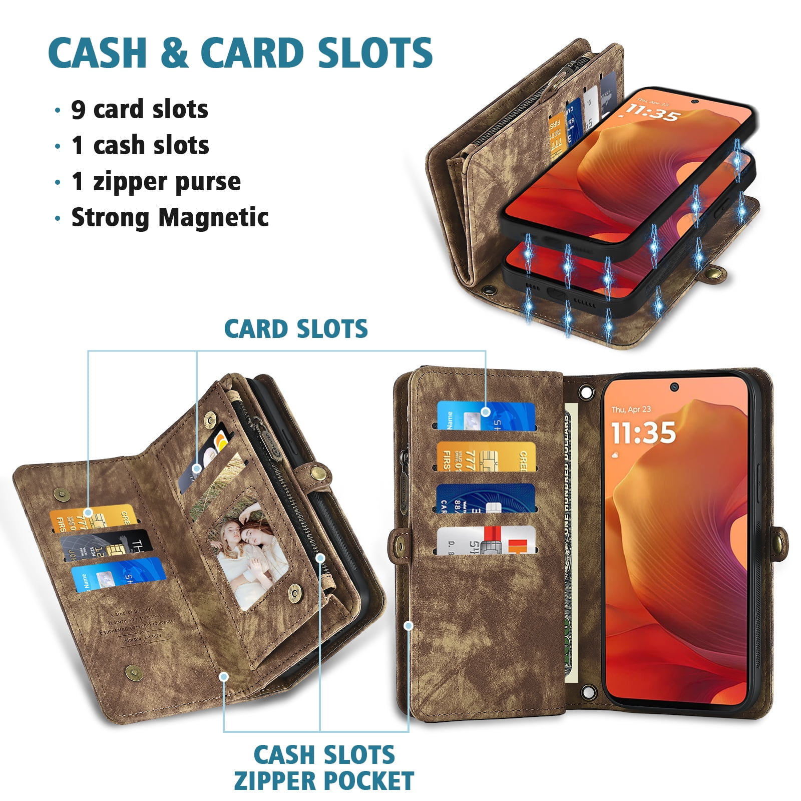 Asuwish Phone Case for Motorola Moto G15 4G Lte Zipper Wallet Detachable Cell Cover with Tempered Glass Screen Protector Crossbody Lanyard Strap Flip Card Holder MotoG15 G 15 XT2521-2 Women Men Brown