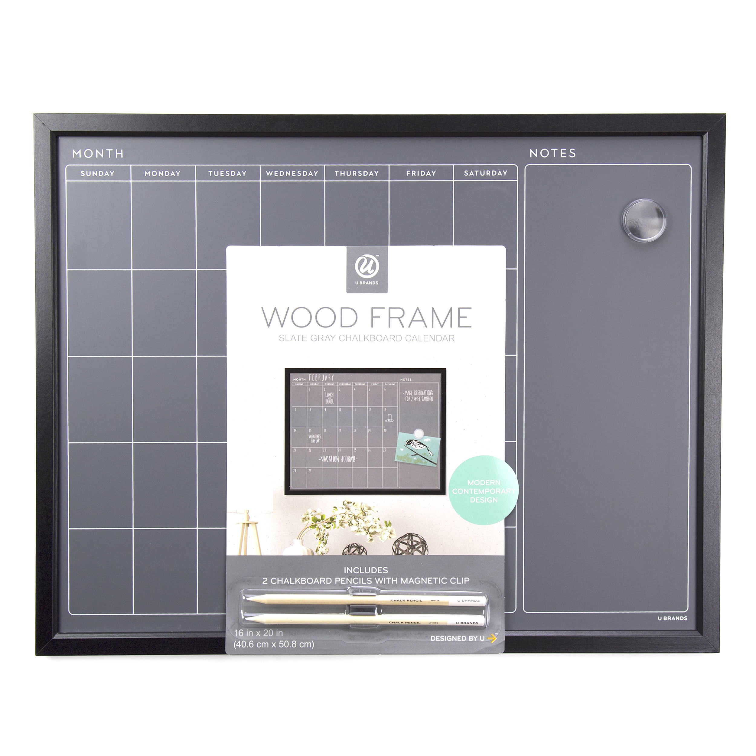 Wooden Frame Office Supplies Whitewashed 16” x 20 U Brands Framed Magnetic Chalk Calendar Board 
