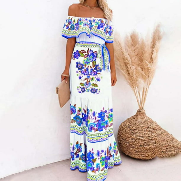 WILLBEST Vestidos Casuales Elegante Vestido Maxi Con Estampado Floral Rojo Y Hombros Descubiertos Para Mujer