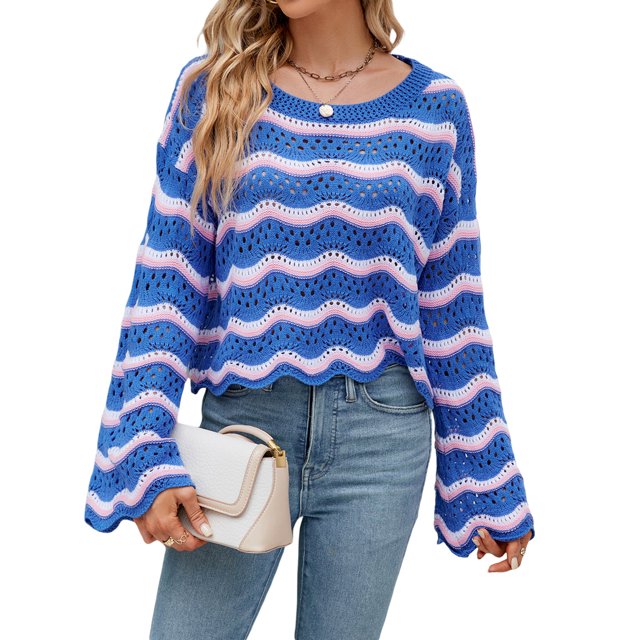 xiaxaixu Pull Tricoté pour Femmes Manches Longues Col Rond Creusé Vague Automne Mode Urbaine