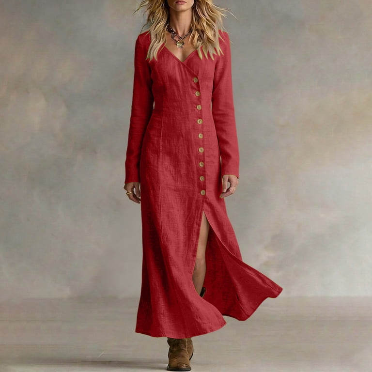 Ailaofu Women's Button Down Slit Dress Long Sleeve V Neck Casual Maxi Dress  Fashion Solid Color Summer Dress - Walmart.com