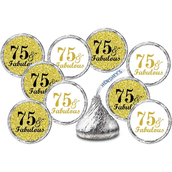 75 & Fabulous Birthday Gold Kisses Stickers, (Set of 216) Chocolate Drops Labels Stickers For Birthday Party, Kisses Party Favors Décor