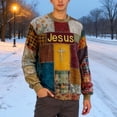 thumbnail image 4 of Vintage Christian Sweatshirts for Men 2025 Long Sleeve Crewneck Block Patchwork Jesus Sweatshirt Pullover Tops, 4 of 5